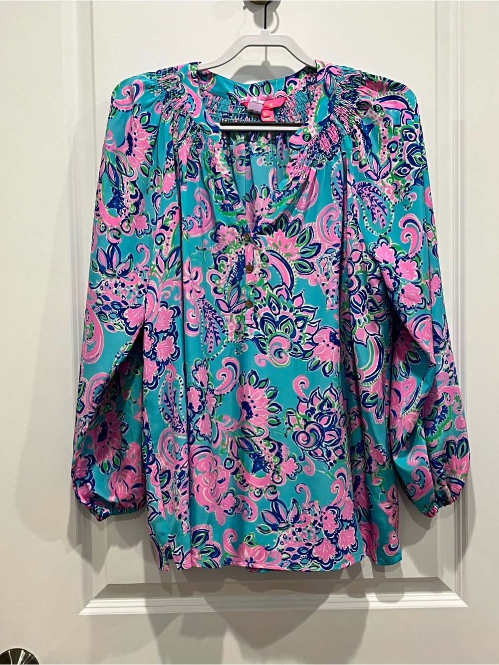 Lilly Pulitzer Pink & Turquoise Paisley Peasant Blouse